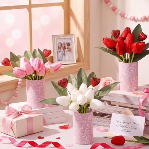 Suncalla 3 Set Mother's Day Table Centerpieces Vintage Artificial Tulips Flower Bouquet with Paper Bucket & Glitter Foam Heart Picks for Wedding Dining Room Tiered Tray Party Decor