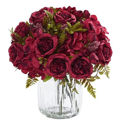 MARTINE MALL 4 Packs Peonies Artificial Flowers, Burgundy Artificial Peonies, Silk Peonies Flowers Fake Peonies Artificial Flowers Peonies Bouquet for Halloween Centerpiece Table Wedding Home Decor - color: Red, size: 4PCS