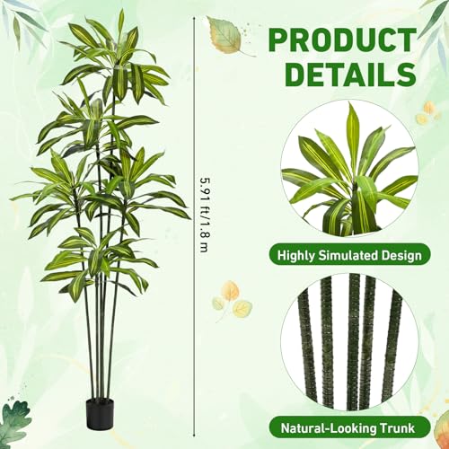 Giegxin 2 Pack 6 FT Artificial Dracaena Tree, Indoor Fake Tree with Black Stable Planter, Natural Wood Trunk & Lifelike Leaves Dracaena Plants for Home Living Room Porch Office Housewarming Gift - size: 6 ft