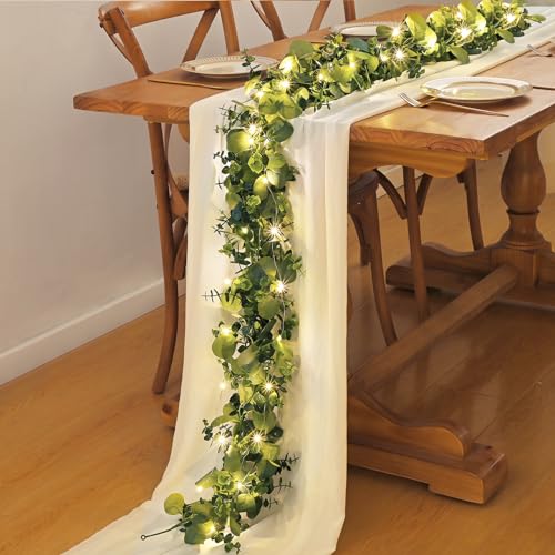 Dolicer 4 Packs 6FT Artificial Eucalyptus Garland with LED Light String, Faux Greenery Garland Hanging Fake Silver Dollar Eucalyptus Leaves Vines for Wedding Backdrop Arch Table Wall Party Home Decor - color: Grey Green With Light, size: 4 Packs