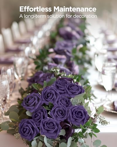 InnoGear Artificial Flowers, 50 Pcs Dusty Purple Foam Fake Roses Bulk with Stems for Decoration DIY Wedding Bouquets Centerpieces Bridal Shower Party Valentines Christmas Tree - color: Dusty Purple