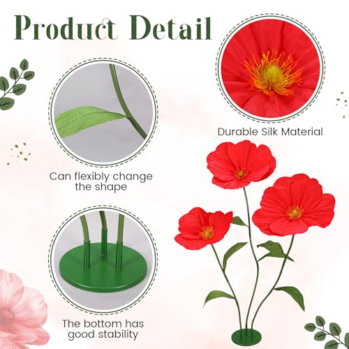 6ft Red Giant Flowers for Decoration with Stand, Large Artificial Poppy, Big Paper Flower Decor for Garden Wedding Party Photography Props Hotel Office Art Gallery Shop Window Display - color: Red