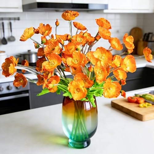 HCTCPALS Artificial Poppy Flowers, Orange, 6 Pcs, 23.5" | Silk Material, UV Resistant, Realistic Design, Indoor/Outdoor Use, Hanging Planter Decoration - color: Poppy Yellow
