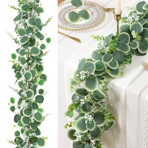 Betylifoy Artificial Eucalyptus Garlands, 6FT Fake Greenery Garland with White Flowers Faux Silver Dollar Eucalyptus Leaves Hanging Vines for Wedding Party Centerpiece Table Runner Home Mantle Decor - size: 1pcs