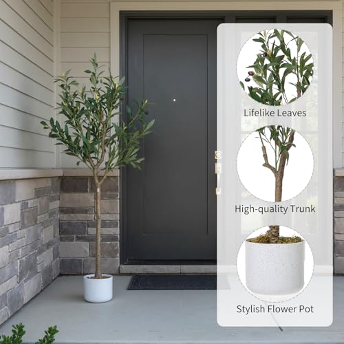 GarveeHome 4FT Faux Olive Tree, Indoor Artificial Potted Olive Tree with White Planter, Lifelike 14 Fruits and Realistic Leaves, Modern Fake Tree for Home House Office Patio Decor Gift ﻿ ﻿