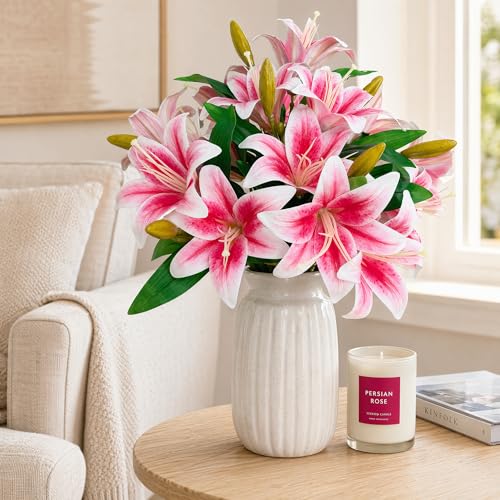 ATFL Artificial Lilies Flowers,9 Pcs Faux Lily Flowers,16''Tiger Lily Branches with 2 Full Blooms and 1 Bud,Faux Fake Lilies Plants for Wedding Bouquet Floral Arrangements (9, deep Pink) - color: Deep Pink