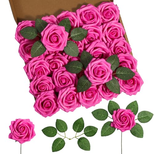 DuHouse 25Pcs Artificial Roses Flowers Fake Roses with Stems Real Touch Foam Flowers for DIY Wedding Bouquet Centerpiece Floral Arrangement Party Home Decor (Hot Pink) - color: Hot Pink, size: 25pcs
