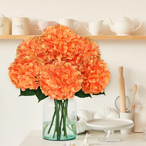 8 Pcs Hydrangea Artificial Flowers 21" Orange Silk Fake Flowers Bouquet with Stems Faux Latex Floral Bulk Bouquet for Home Wedding Arrangement Party Baby Shower Table Centerpieces Decoration - color: Orange