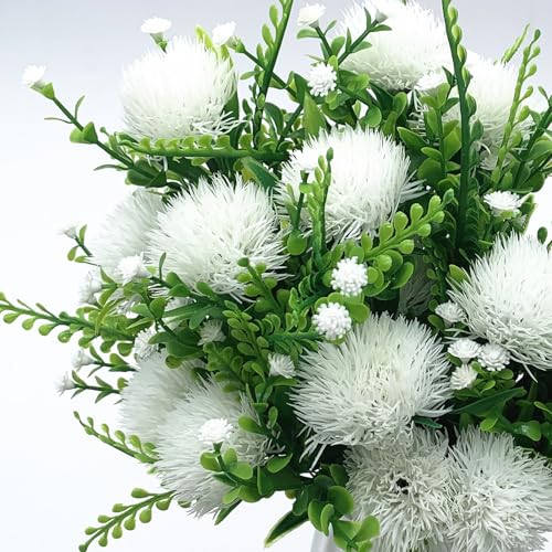 Fake White Dandelion Flowers Simulated Ball Flower Ornaments, Artificial Plant Plastic Faux Greenery Indoor Home Decor Outdoor Garden Wedding Party Christmas Vase Planter Filler DIY Decoration 4 Pack - color: Dandelions - White 4 Pack