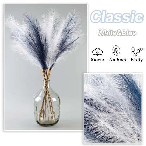 12 Pcs Navy Blue and White Pampas Grass Decor 38"/3.1FT Tall Fake Pompas Floral Large Artificial Pompous Grass Branches Plants for Floor Vase Filler Home Boho Decoration - color: Blue&white