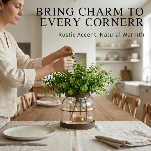 Rustic Farmhouse Table Centerpiece with Artificial Eucalyptus & Fairy Lights, Glass Vase in Metal Lantern Frame, Battery Operated Ambient Decor for Living Room & Kitchen, 13.4" Tall - color: Vase+eucalyptus+light