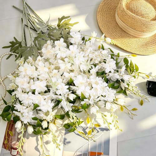 10 pcs Artificial Delphinium Flowers with Clematis Greenery, White Fake Larkspur Flowers & Clematis Leaves for Tall Vase, Wedding Arch Bouquet Floral Arrangement Home Party Table Centerpiece - color: White+green, size: 33.86 inch