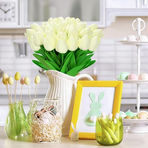 28pcs Cream Flowers Artificial Tulip Stems Real Feel PU Tulips for Easter Spring Wreath Wedding Bouquet Centerpiece Floral Arrangement Cemetery Table Décor 13" Tall - color: Cream