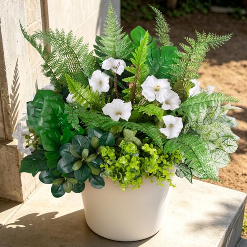 Hrobek Outdoor Faux Plants UV Resistant - 8 Bouquets Realistic Artificial Eucalyptus Fern Morning Glory Greenery for Patio Garden Front Porch Decor Weatherproof Fake Plants for Outside - color: Flowers and Greenery Mix