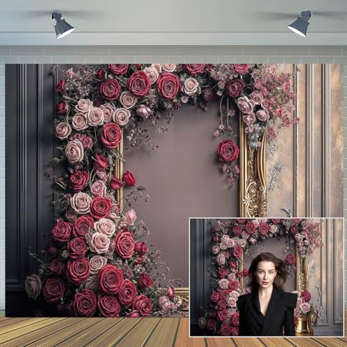 7X5ft Retro Wall Wedding Backdrops Frame Style Pink Red Rose Flowers Purple Wall Background Medieval Interior European Style Photo Background Bridal Birthday Girls Women Decoration Backdrop - color: Multi7, size: 7X5ft