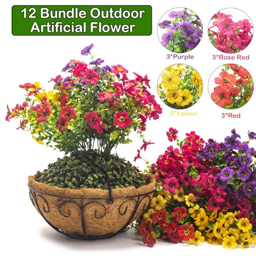 Grunyia Artificial Hanging Flowers Basket with Colorful Silk Daisies & Eucalyptus - UV/Sun-Resistant Plant for Outdoor Porch, Patio, Balcony - Indoor/Outdoor Home Decor