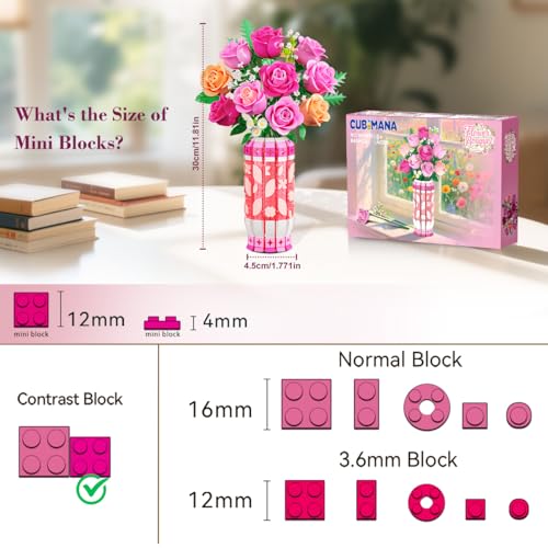 CUBIMANA Pink Rose Bouquet Building Set with Vase & LED Light, 3.6MM Mini Flower Building Kit for Adults, Artificial Floral Decor for Home Office Bedroom, Birthday Day Gifts for Women Mom Wife