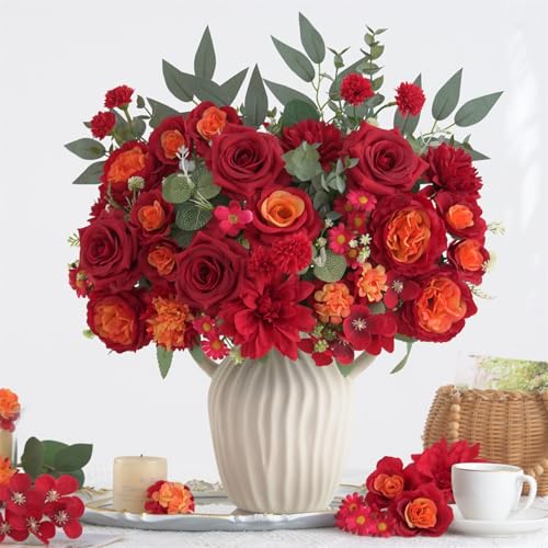 10 Pcs Mixed Artificial Flowers Set, Artificial Peony Bouquet Fake Rose Flower Silk Floral Arrangements for Table Centerpiece Vase Home Wedding Party Bridal Vase Decoration(Red, 6 Bouquets & 4 Stems) - color: Red, size: Mixed 10pcs