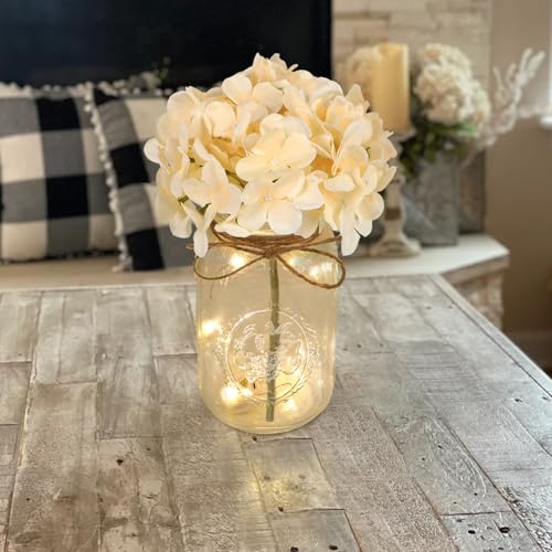 Set of 3 Mason Jar Lights, Champagne Hydrangea Holiday Table Decor | Farmhouse Table Centerpiece for Home Wedding Event Party Decor - color: Jar-champagne Hydrangea