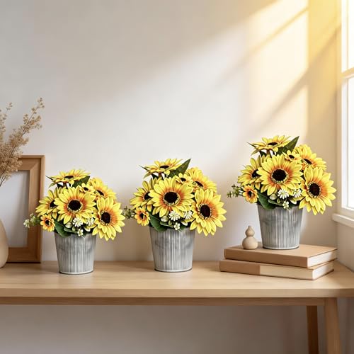 SVENJBB 3-Pack Artificial Sunflower Arrangement in Galvanized Metal Pot, Faux Sunflower Bouquet with Daisies & Greenery, Farmhouse Table Centerpiece Home Décor, 9.5 Inch Height - color: Sunflower Bouquet