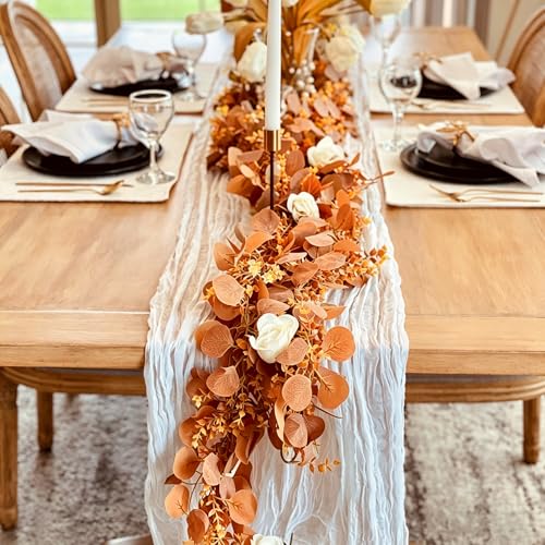 CQURE 2Pack Eucalyptus Garland,Artificial Eucalyptus Leaves Flowers Table Greenery Garland Wreath Vines for Wedding Party Fireplace Bedroom Room Decor - size: 17.7 Ft with Flowers-Orange