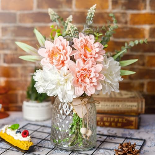 Der Rose Fake Flowers in Vase Silk Artificial Pink Flowers Arrangements with Glass Vase for Dinning Coffee Table Centerpieces Home Kitchen Farmhouse Wedding Decor - color: Pink