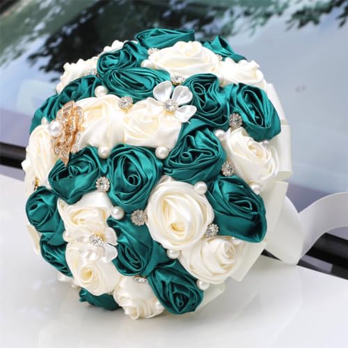 MaxxCloud 5.9‘’ Handmade Romantic Toss Bouquet for Bride Stunning Bridesmaid Brooch Wedding Bouquet with Jewelry Petals Dark Green and Ivory - color: Dark Green+ivory, size: 5.9''/15cm