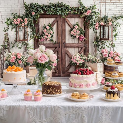 5x4ft Country Wedding Photography Backdrop Floral Rustic Roses Farmhouse Wooden Door Backdrop Pink Flower Birthday Baby Shower Wedding Bridal Party Banner Photo Booth Props Anniversary Background - color: Multi4, size: 5X4FT