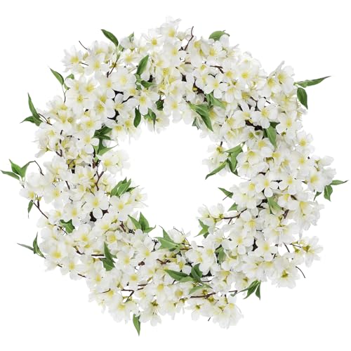 Spring Summer Wreaths for Front Door, 20 Inch Cherry Blossom Wreaths for Spring Summer Decor, White Wreaths for Front Door, Window, Home, Wall, Porch, Farmhouse Decor, Spring Artificial Flower Wreaths - color: # White 20"