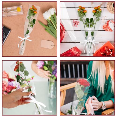 Bayurht 101 Pcs Single Rose Sleeve with Floral Water Tubes 50 Sets Single Flower Packaging Bags Single Flower Sleeve with Ribbons and Floral Water Tubes for Christmas Bouquets Wrapping (Transparent) - color: Transparent