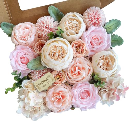 FACINOC Peonies Artificial Flowers Pink Silk Roses Bulk for DIY Wedding Bouquet Bridal Shower Decorations Fake Floral Arrangements Party Table Centerpieces Home Decor Indoor Blush Peach Box 20pcs - color: Blush Pink, Peach, Cream