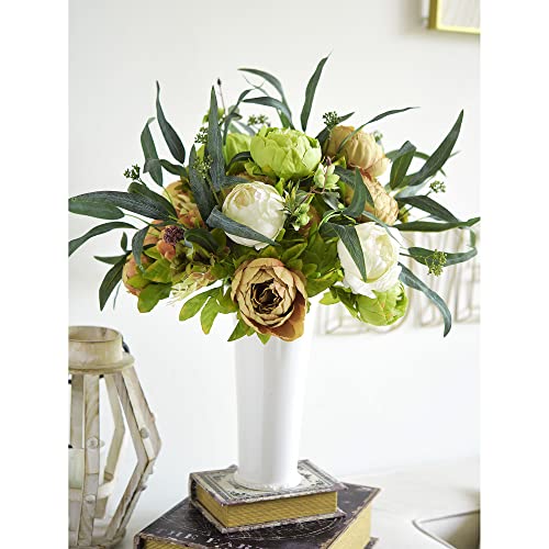FiveSeasonStuff Rustic Brown, Beige & Green Artificial Peony Bouquets, 2 Silk Flower Bundles with Hydrangeas for Wedding & Dining Table Centerpieces, Living Room & Home Decor - color: Country Rustic (Beige, Green & Brown)