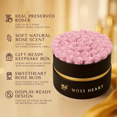 50 Petite Preserved Roses, Designer Round Box, Real Forever Roses Last 1+ Year, Premium Gift for Women, Wife, Girlfriend, Mother’s Day, Birthday, Anniversary, Valentine’s Day - color: Light Pink, size: 50 Roses