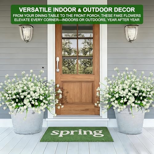 TURNMEON 20 Bundles Artificial Flowers for Outdoors,Summer Spring Grass Camellia Fake Flowers Plastic Plants,UV Resistant No Fade Faux Greenery for Gardens Porch Planter Cemetery Decor 500 Head(White) - color: White, size: 20 Bundles