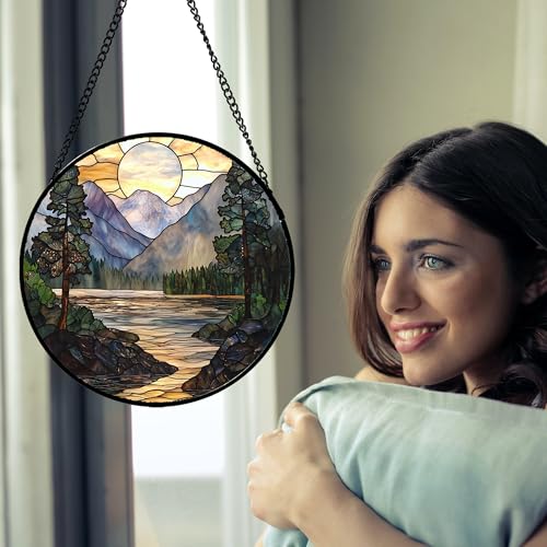 Stained Glass Window Hanging, Sunset Mountains Lake Tree Sun Catcher for Window Home Decor Landscape Suncatcher Mother's Day Birthday Gifts for Women Men Mom and Nana 9.8 in - color: 1-yellow Green, size: 9.8x9.8 IN
