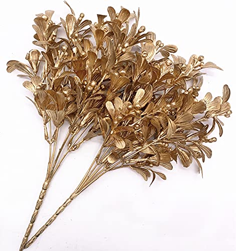 Christmas Artificial Flowers, Golden Leaves Branches Plants Fake Berry Plant Decor for Wedding Bridal Bouquet Party Indoor Outdoor DIY Home Table Centerpieces Arrangements Decoration - Gold 3 Pack - color: Gold Leaves Berry Grass-3 Pcs