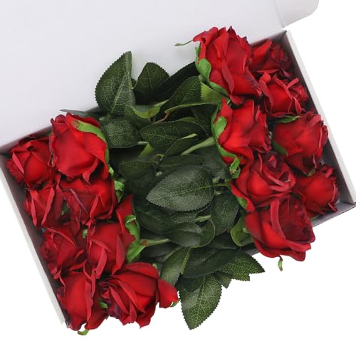 Burgundy Fake Roses Artificial Flowers - 16 Pcs Fake Artificial Roses Silk Flowers with Stems for Home Wedding Hotel Office Centerpiece Decor（Burgundy） - color: Burgundy, size: 16 Pcs