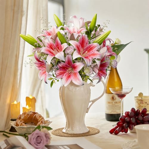 6PCS Artificial Lilies Set with 12 Heads Fully Bloomed Lilies and 6 Buds, Short Stem Real Touch Artificial Flowers for Home Hotel Flower Arrangement Party Decor (Pink) - color: Pink