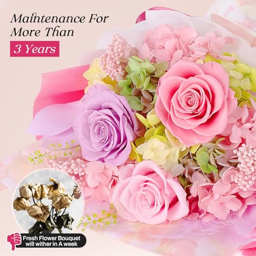 Preserved Flowers Bouquet 3 Roses - Pink Real Rose & Flowers for Delivery, Eternal Roses Bouquet with Gift Box, Anniversary Birthday Valentine Gifts for Women Mom Grandma Her Wife Girlfriend - color: Pink