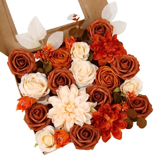 Artificial Flower Box Set Silk Flowers Rose Faux Flowers with Stems for DIY Bridal Wedding Bouquets Centerpieces Arrangements Table Decor Baby Shower Party Home Decor (Chic Terracotta Rust) - color: Chic Terracotta Rust
