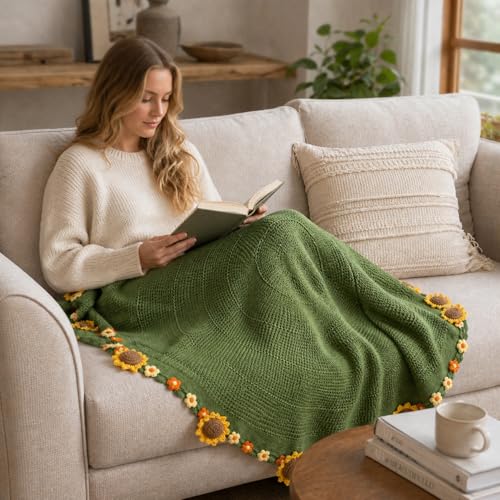 Crochet Flower Bouquet Throw Blanket, Cute Romantic Gift for Her Girlfriend Mom Mother’s Day Valentine Wedding Anniversary Birthday (Green Sunflower, 40 inches) - color: Green Sunflower, size: 40 inches