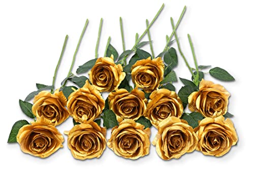 12 PCS Artificial Flowers Gold Roses Fake Silk Flower Long Stem Artificial Roses for Home Wendding Bathroom Party Decorations (Gold) - color: Gold