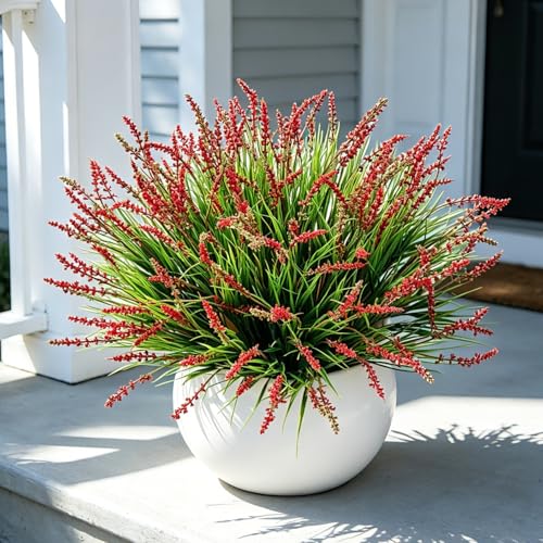 Outdoor Faux Plants, 12 Pcs Fake Plant UV Resistant Monkey Grass Lavender Flowers, Artificial Greenery Shrubs Bush for Outside Planter Patio Garden Front Porch Door Yard Spring Summer Decor, Red - color: Red