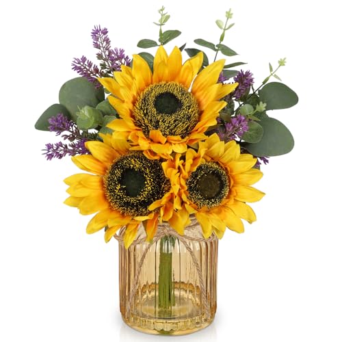Oairse Fake Flowers in Vase, Sunflowers Artificial Flowers with Vase Sunflowers Centerpieces for Table Silk Flower Arrangement for Farmhouse Home Kitchen Bathroom Wedding Party Dining Room Decor - color: Yellow&amber Vase