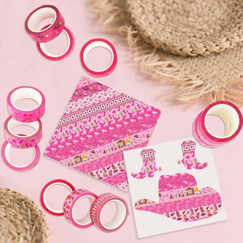 12 Rolls Western Washi Tape, Pink Wild West Masking Tapes, Western Cowboy Cowgirl Decorative Paper Stickers for Scrapbook Journal DIY Art Crafts Wrapping Birthday Party Supplies 16.4FT - color: Q