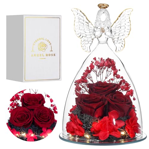 Mothers Day Rose Gifts Glass Angel Figurine with Three Roses Gifts, Preserved Forever Real Rose Gifts for Women, Angel Guardian with Rose for Mothers Day - Wine Red - color: Wine Red