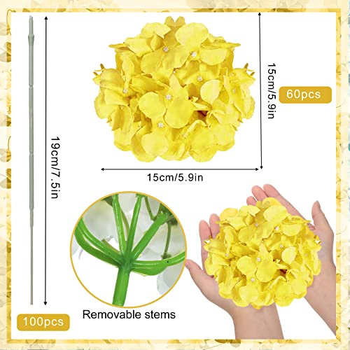 60 Pcs Silk Hydrangea Artificial Flowers Heads with 100 Pcs Stems Faux Flowers for Wedding Centerpieces Long Fake Bouquet for Home Decor Indoor Garden(Yellow)