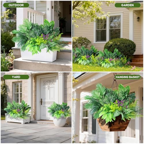 Tall Artificial Greenery Plants Outdoor Faux Shrubs Ferns UV Resistant,Fake Monstera Bird of Paradise Palm Boston Fern,10Bundle Lifelike Artificial Flowers Grass for Window Box Fillers,Porch,Garden - color: Green