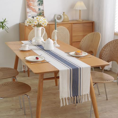 Niviy Blue Table Runner 90 Inches Long with Tassels, Seasonal Summer Washable Embroidered Striped Braided Blue and White Boho Table Runners for Holiday Party 12 x 90 Inches - color: Blue, size: 12 x 90 Inches