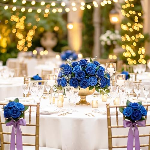 30pcs Real Looking Royal Blue Foam Artificial Roses with Stems, Fake Rose Flowers for DIY Wedding Bouquets Bridal Shower Centerpieces Home Party Valentine's Day Mother's Day Decor Gift - color: 30pcs Royal Blue